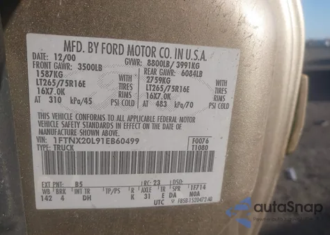 2001 Ford F-250 Lariat/Xl/Xlt z USA, uszkodzony, nr VIN 1FTNX20L91EB60499